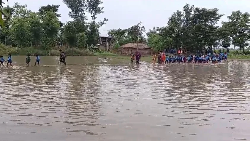 बिहार : बेतिया में बारिश से टापू बना स्कूल, जान जोखिम में डालकर पढ़ने पहुंच रहे 300 बच्चे